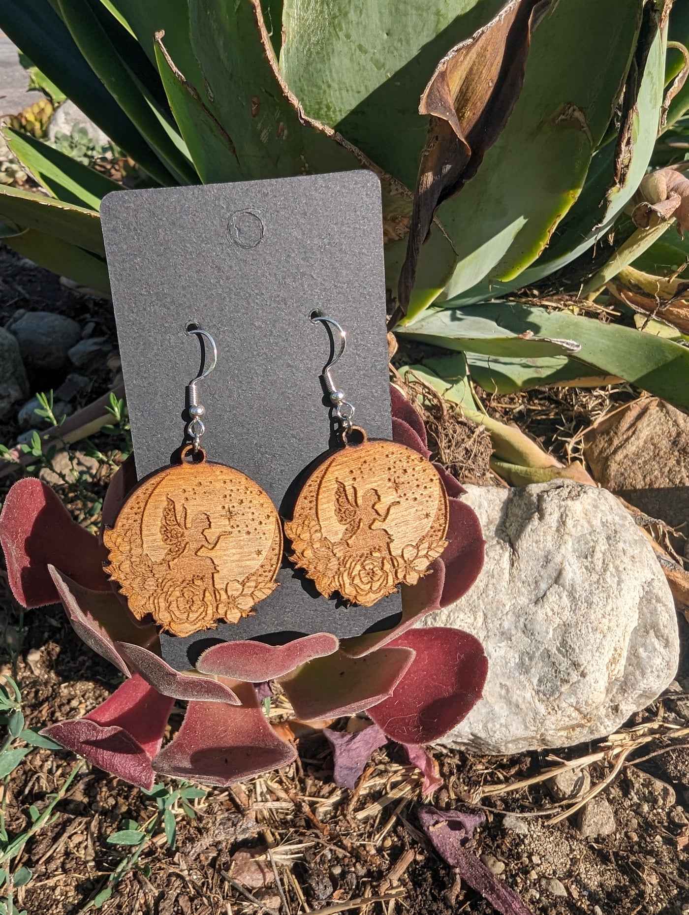 Fairy And Moon Beautiful Wood Earrings | Lightweight | Cottagecore Style | Rustic | Fun And Exciting Earrings | Dangle | Handmade Earrings