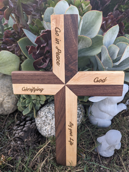 Customizable Walnut and Maple Christian Cross - Personalized Engravings - Perfect Gift for Special Occasions